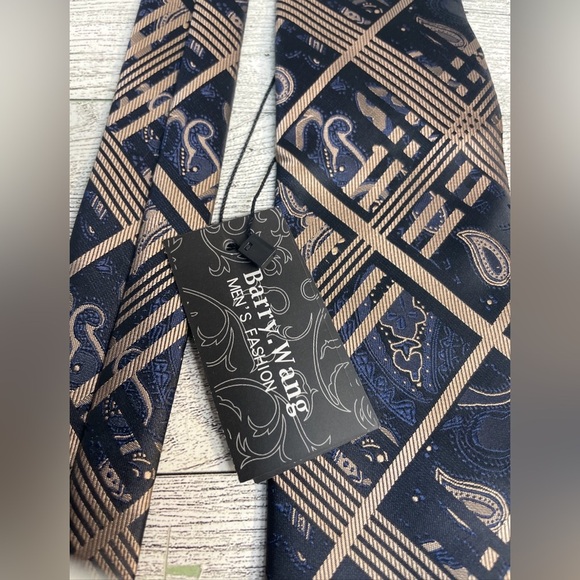 Barry Wang Silk Tie Blue And Gold New With Tags - Picture 2 of 10